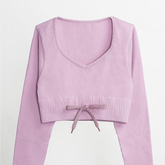 2pc pink Seamless Workout set LS Crop Top Ribbed High Waist Leggings- Small nwot - Picture 4 of 5